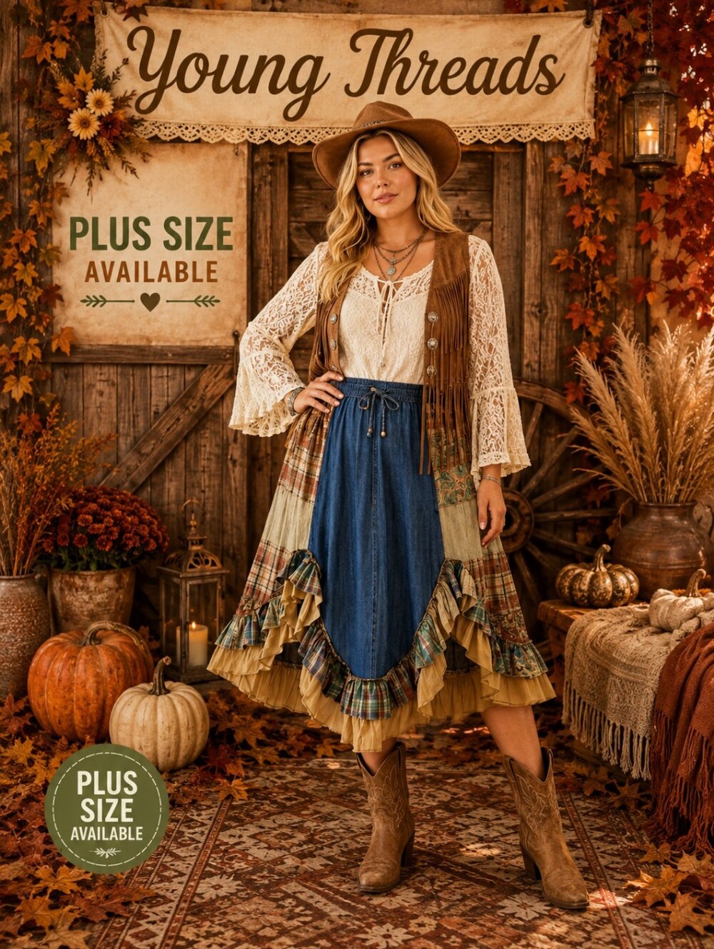 129 Young Threads Plus Size Patchwork Midi Skirt in Blue and Tan